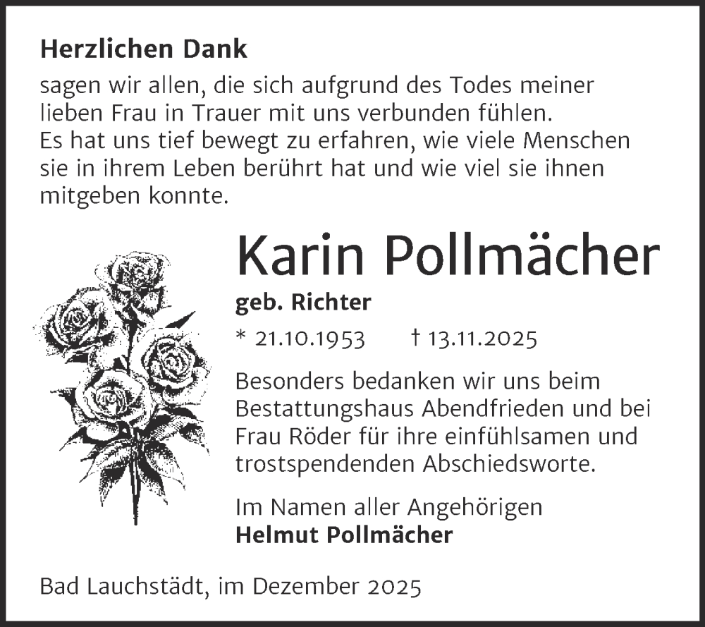  Traueranzeige für Karin Pollmächer vom 20.12.2025 aus Trauerkombi Merseburg