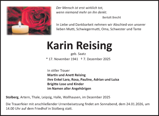Traueranzeige von Karin Reising von Trauerkombi Sangerhausen