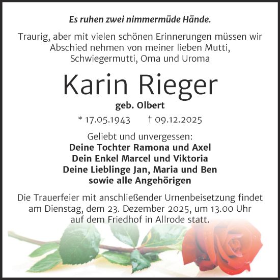 Traueranzeige von Karin Rieger von Trauerkombi Quedlinburg