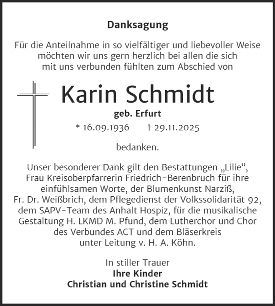 Traueranzeige von Karin Schmidt von Trauerkombi Dessau