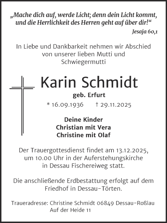 Traueranzeige von Karin Schmidt von Trauerkombi Dessau