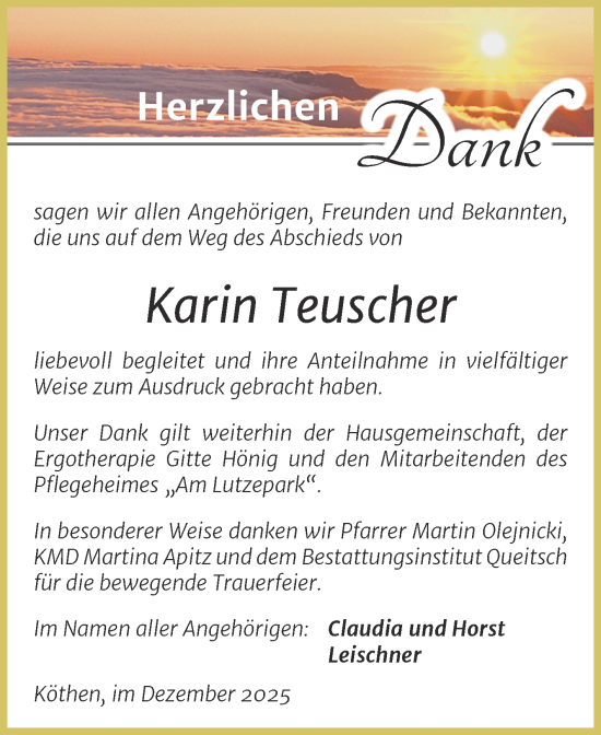 Traueranzeige von Karin Teuscher von Trauerkombi Köthen