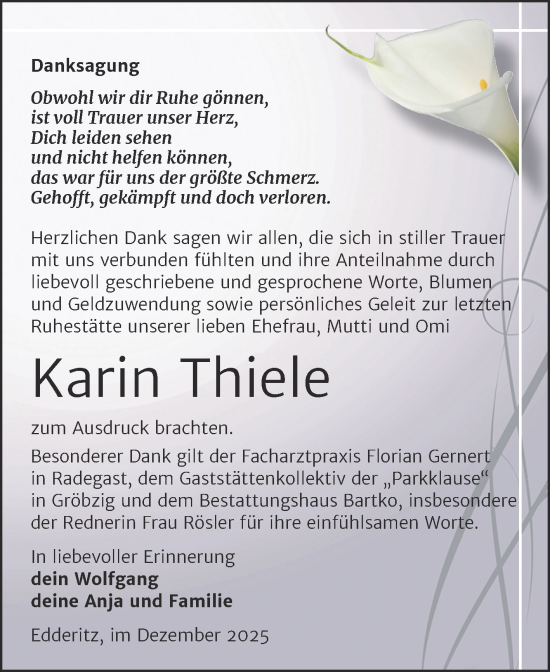 Traueranzeige von Karin Thiele von Trauerkombi Köthen