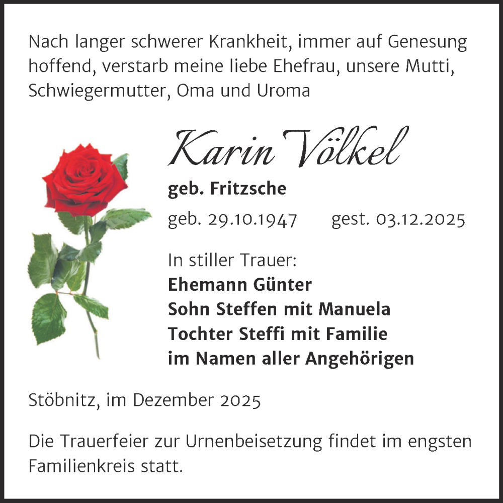  Traueranzeige für Karin Völkel vom 13.12.2025 aus Trauerkombi Merseburg
