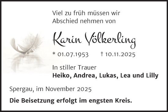 Traueranzeige von Karin Völkerling von Trauerkombi Merseburg