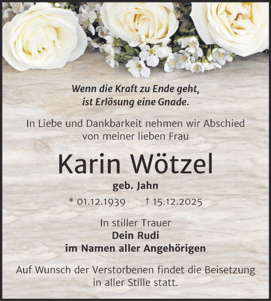 Traueranzeige von Karin Wötzel von Trauerkombi Sangerhausen
