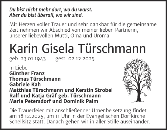 Traueranzeige von Karin Gisela Türschmann von Super Sonntag Naumburg/Nebra