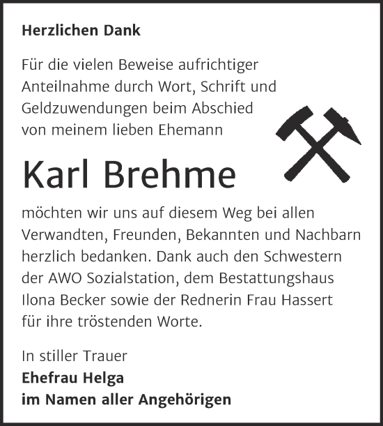 Traueranzeige von Karl Brehme von Trauerkombi Sangerhausen
