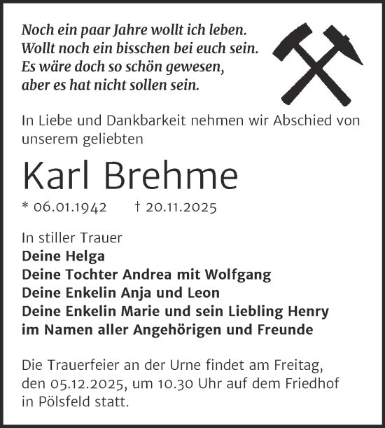 Traueranzeige von Karl Brehme von Trauerkombi Sangerhausen