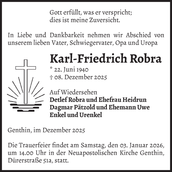 Traueranzeige von Karl-Friedrich Robra von Volksstimme Burg/Genthin
