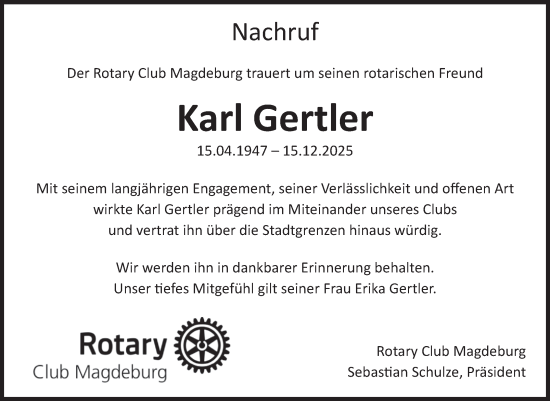 Traueranzeige von Karl Gertler von Volksstimme Magdeburg