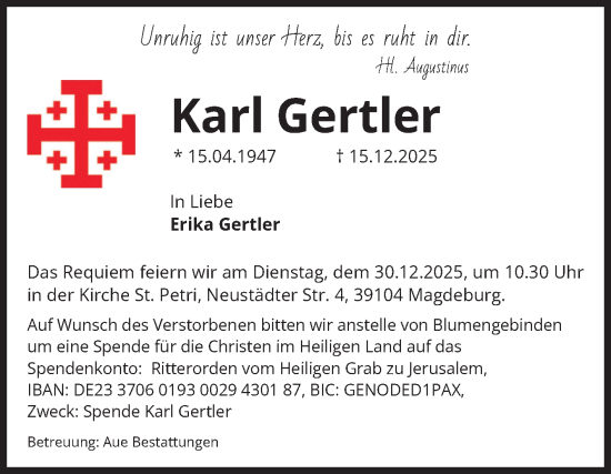 Traueranzeige von Karl Gertler von Volksstimme Magdeburg