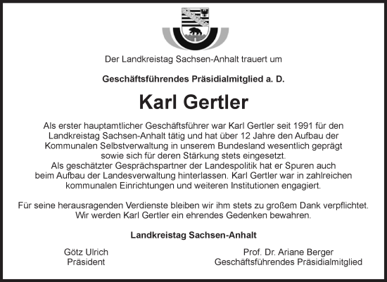Traueranzeige von Karl Gertler von Volksstimme Magdeburg