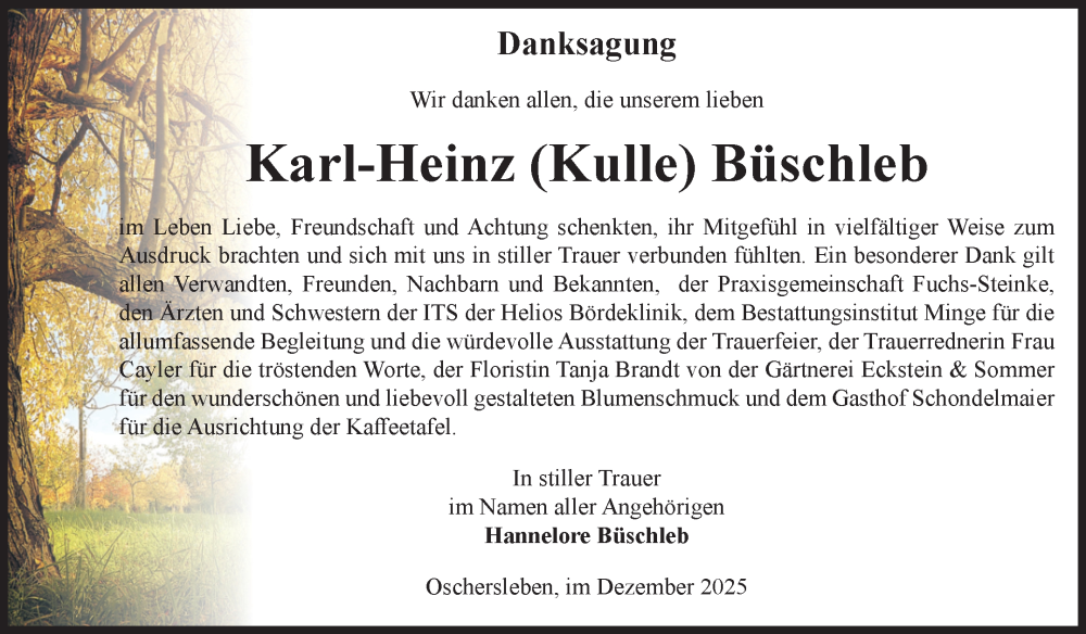  Traueranzeige für Karl-Heinz Büschleb vom 13.12.2025 aus Volksstimme Oschersleben/Wanzleben