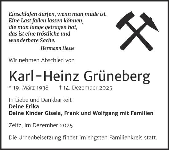 Traueranzeige von Karl-Heinz Grüneberg von Trauerkombi Zeitz