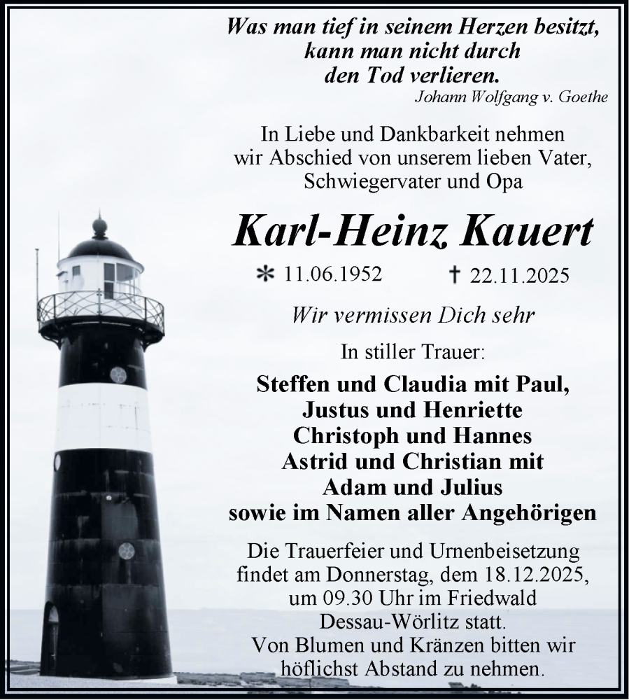 Traueranzeige für Karl-Heinz Kauert vom 13.12.2025 aus Trauerkombi Dessau