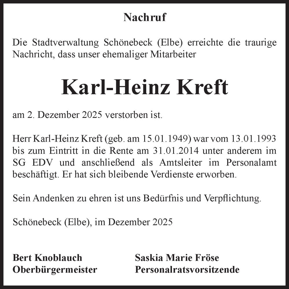 Traueranzeige für Karl-Heinz Kreft vom 20.12.2025 aus Volksstimme Schönebeck