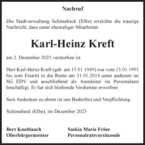 Traueranzeige von Karl-Heinz Kreft von Volksstimme Schönebeck