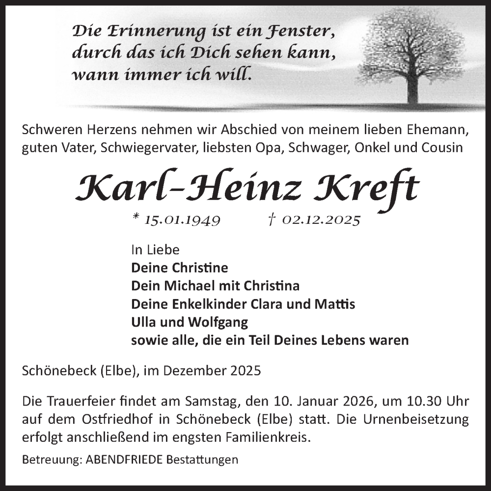  Traueranzeige für Karl-Heinz Kreft vom 13.12.2025 aus Volksstimme Schönebeck