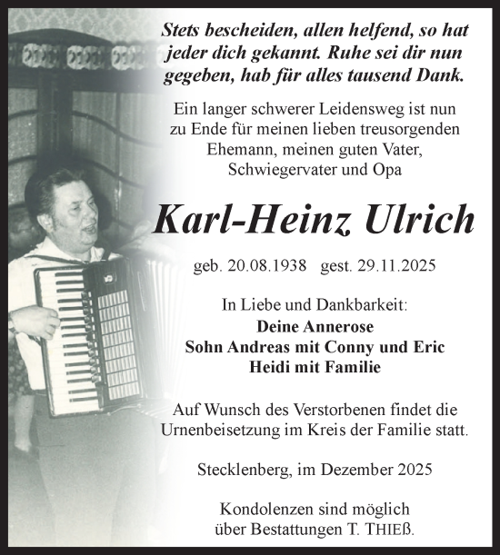 Traueranzeige von Karl-Heinz Ulrich von Trauerkombi Quedlinburg