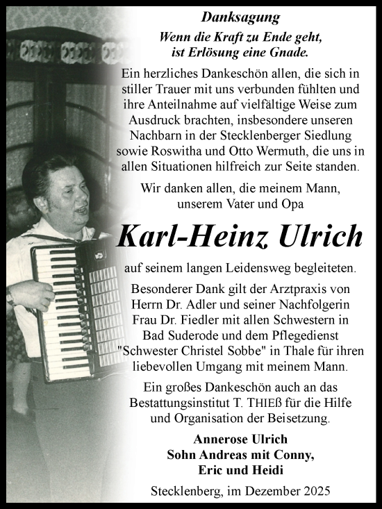 Traueranzeige von Karl-Heinz Ulrich von Trauerkombi Quedlinburg