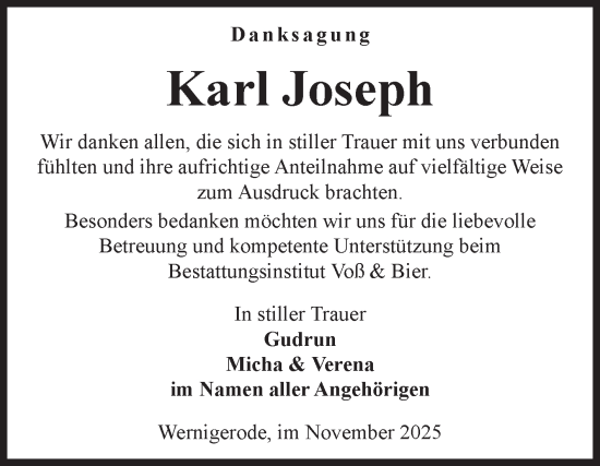 Traueranzeige von Karl Joseph von Volksstimme Wernigerode