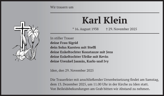 Traueranzeige von Karl Klein von Volksstimme Altmark Ost