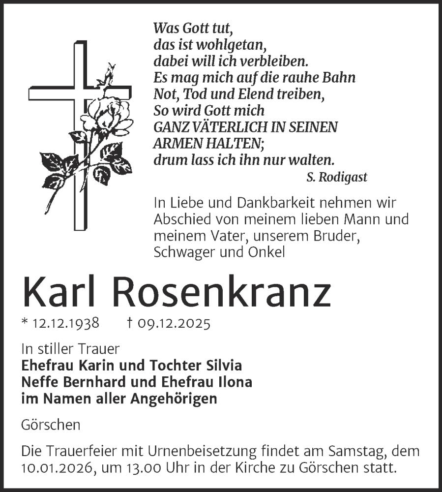  Traueranzeige für Karl Rosenkranz vom 20.12.2025 aus Super Sonntag Naumburg/Nebra