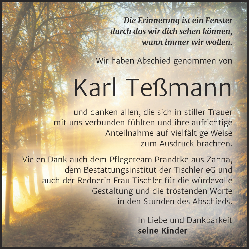  Traueranzeige für Karl Teßmann vom 29.11.2025 aus Trauerkombi Wittenberg