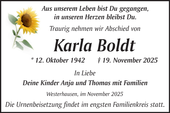 Traueranzeige von Karla Boldt von Trauerkombi Quedlinburg