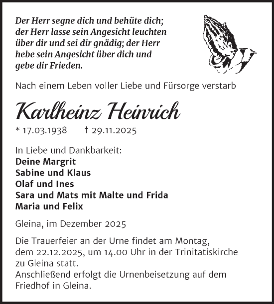 Traueranzeige von Karlheinz Heinrich von Naumburger Tageblatt