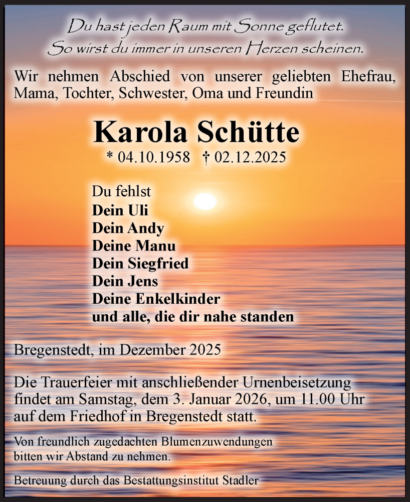  Traueranzeige für Karola Schütte vom 13.12.2025 aus Volksstimme Haldensleben/Wolmirstedt