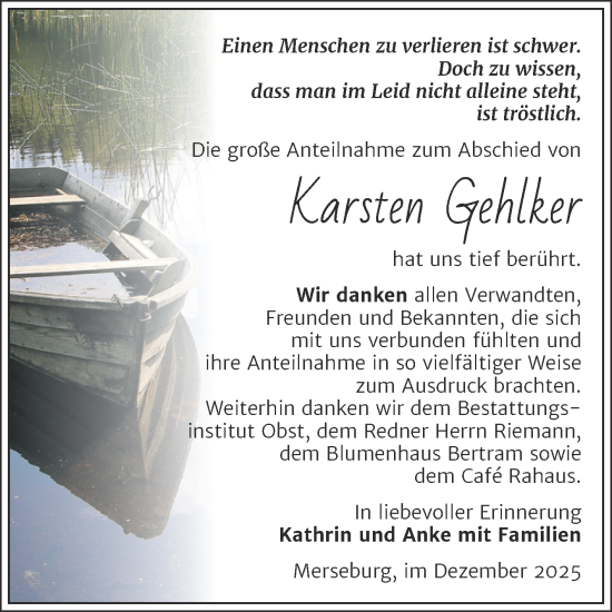Traueranzeige von Karsten Gehlker von Trauerkombi Merseburg