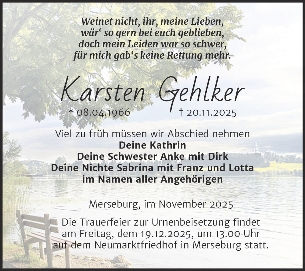  Traueranzeige für Karsten Gehlker vom 29.11.2025 aus Trauerkombi Merseburg