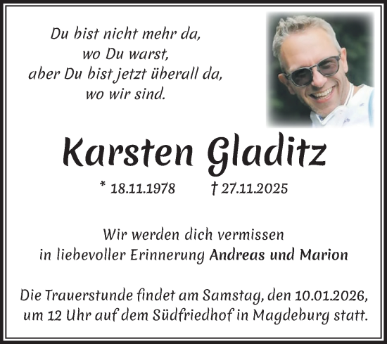 Traueranzeige von Karsten Gladitz von Volksstimme Haldensleben/Wolmirstedt