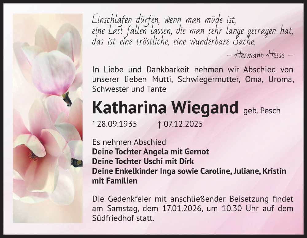  Traueranzeige für Katharina Wiegand vom 13.12.2025 aus Volksstimme Magdeburg