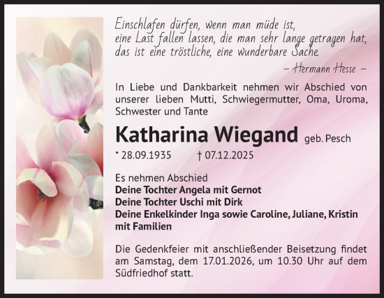 Traueranzeige von Katharina Wiegand von Volksstimme Magdeburg
