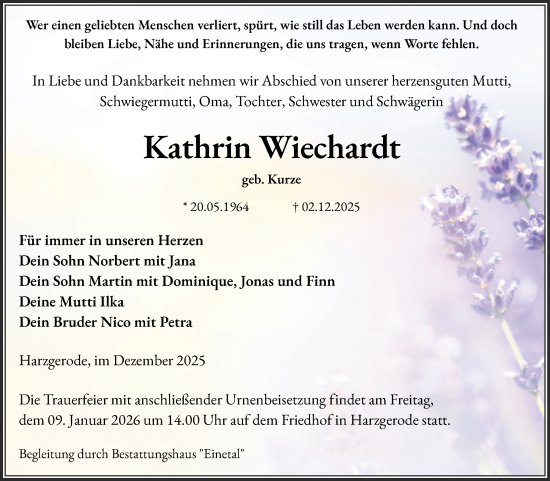 Traueranzeige von Kathrin Wiechardt von Trauerkombi Quedlinburg