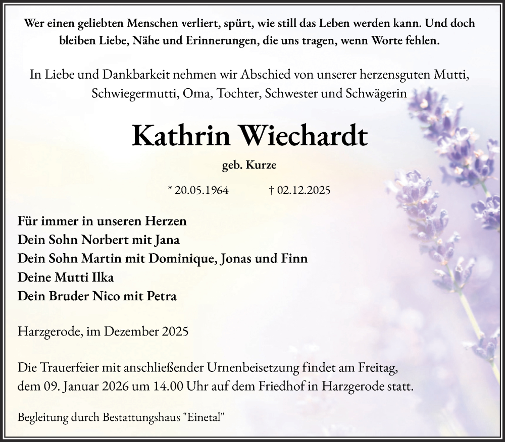  Traueranzeige für Kathrin Wiechardt vom 27.12.2025 aus Trauerkombi Quedlinburg