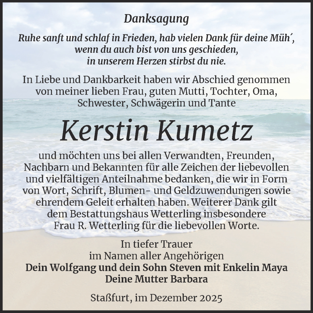  Traueranzeige für Kerstin Kumetz vom 27.12.2025 aus 