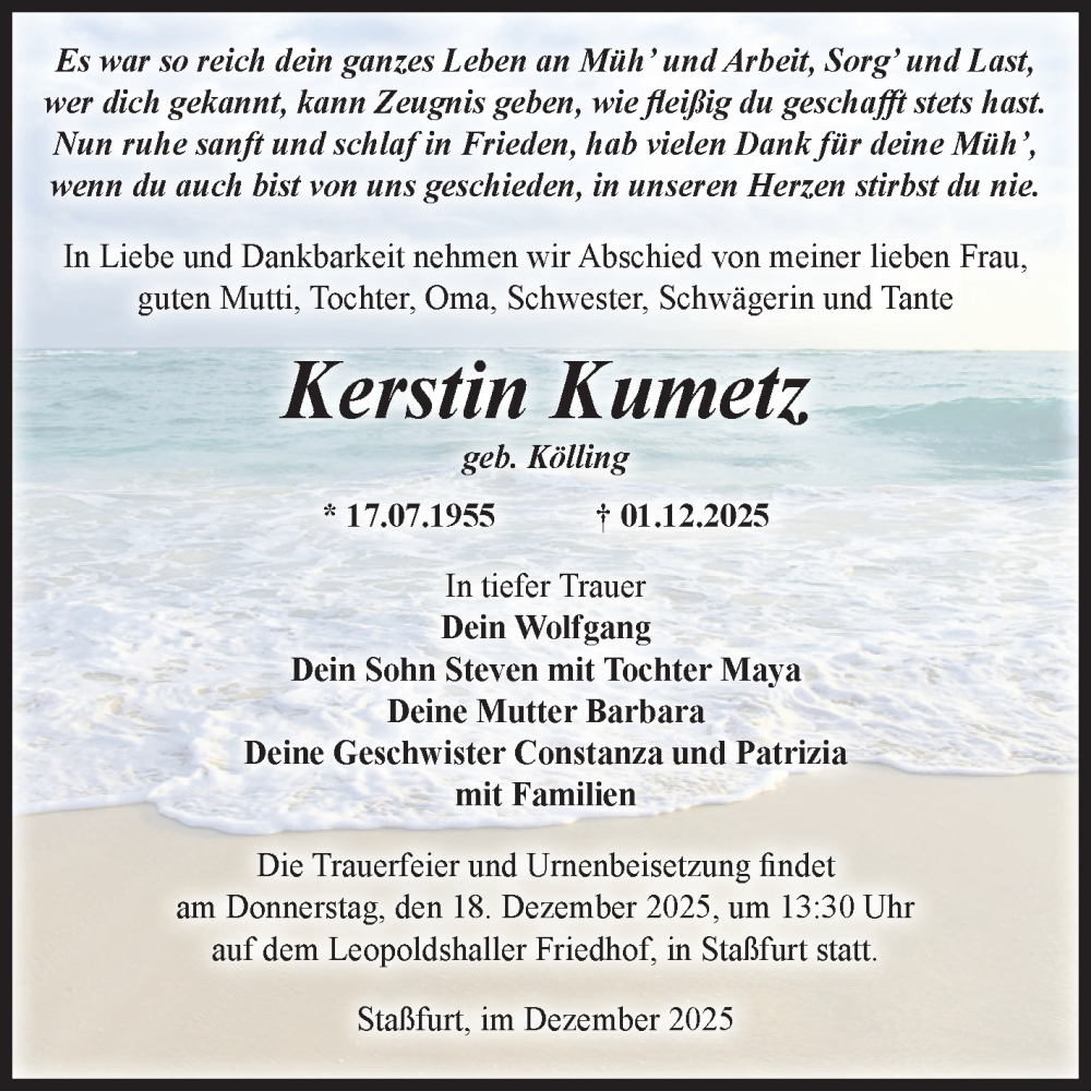  Traueranzeige für Kerstin Kumetz vom 06.12.2025 aus Volksstimme Staßfurt