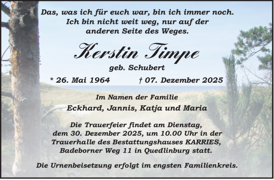 Traueranzeige von Kerstin Timpe von Trauerkombi Quedlinburg