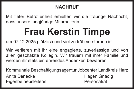 Traueranzeige von Kerstin Timpe von Mitteldeutsche Zeitung Quedlingburg