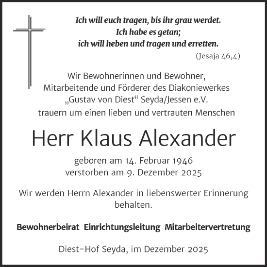 Traueranzeige von Klaus Alexander von Super Sonntag Wittenberg