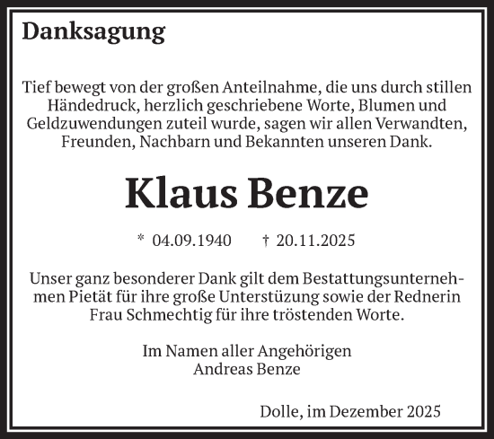 Traueranzeige von Klaus Benze von Volksstimme Altmark Ost