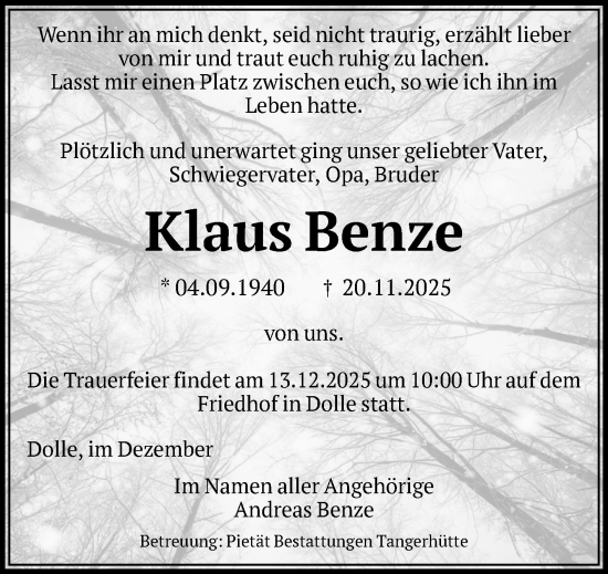 Traueranzeige von Klaus Benze von Volksstimme Altmark Ost