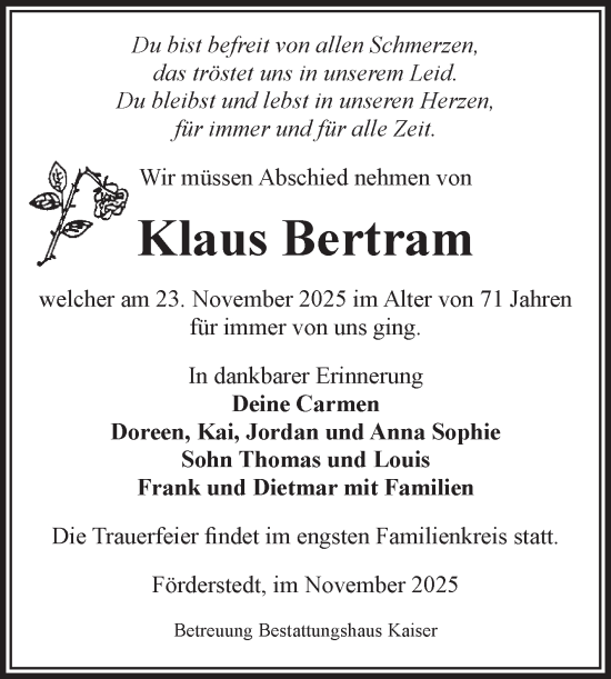 Traueranzeige von Klaus Bertram von Volksstimme Staßfurt