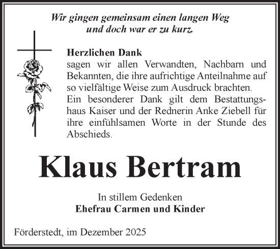 Traueranzeige von Klaus Bertram von Volksstimme Staßfurt