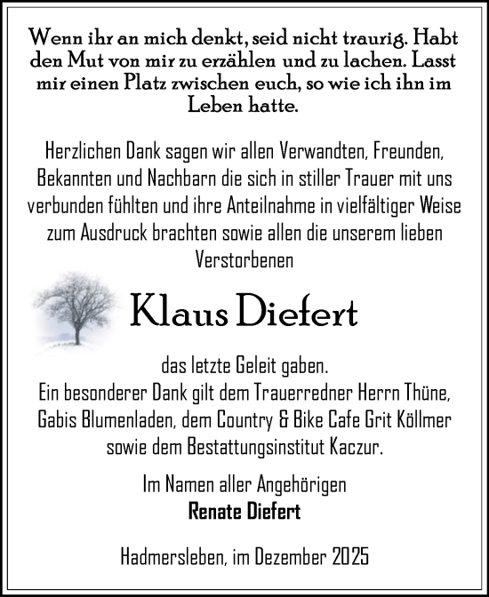 Traueranzeige von Klaus Diefert von Volksstimme Oschersleben/Wanzleben