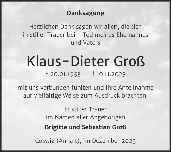 Traueranzeige von Klaus-Dieter Groß von Trauerkombi Wittenberg